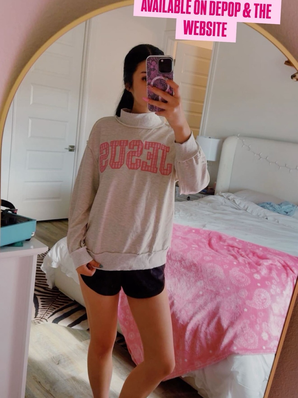 Gray 'JESUS' Graphic Pullover mock neck Sweatshirt